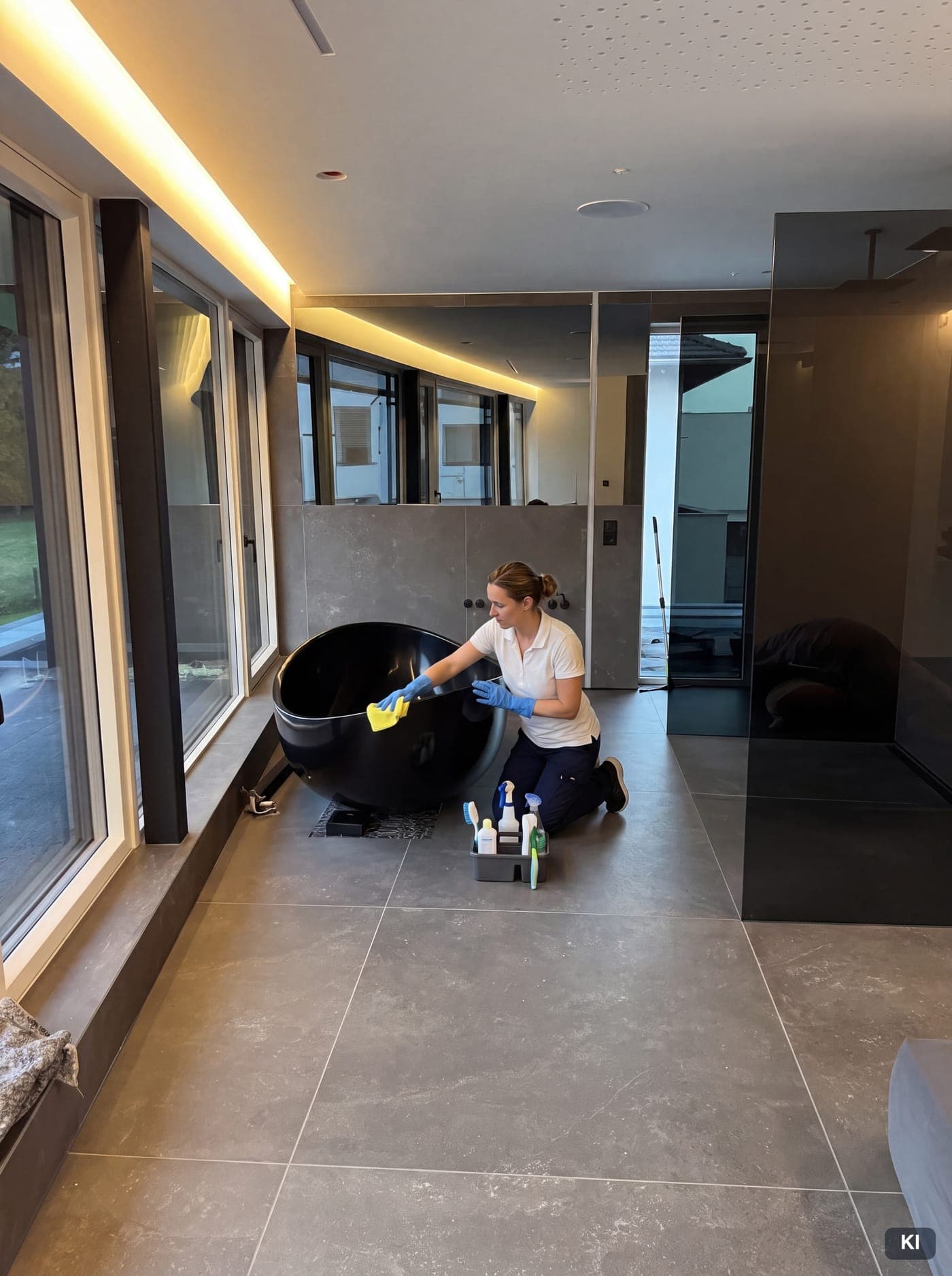 Reinigungskraft von Cleanli reinigt ein modernes Badezimmer (KI-generiertes Symbolbild)