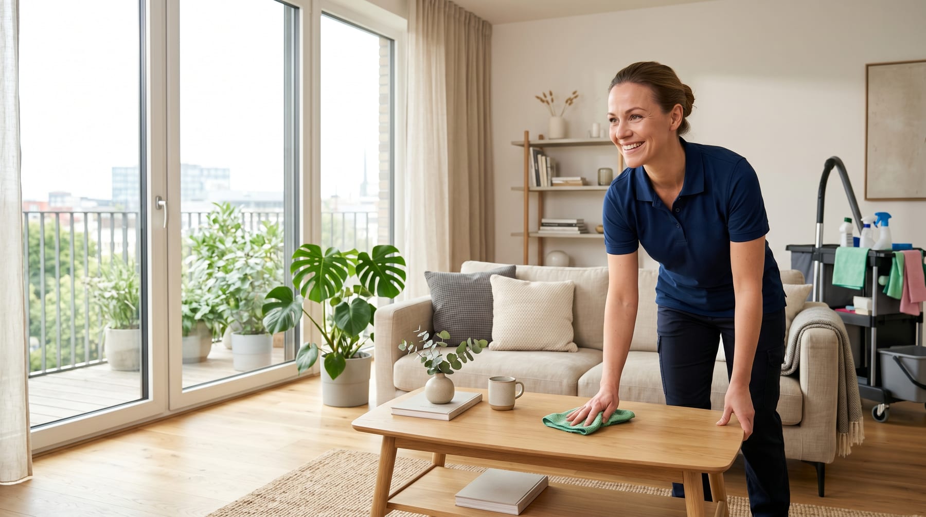 Das Cleanli-Team bei der Reinigung eines hellen Wohnzimmers in Wels